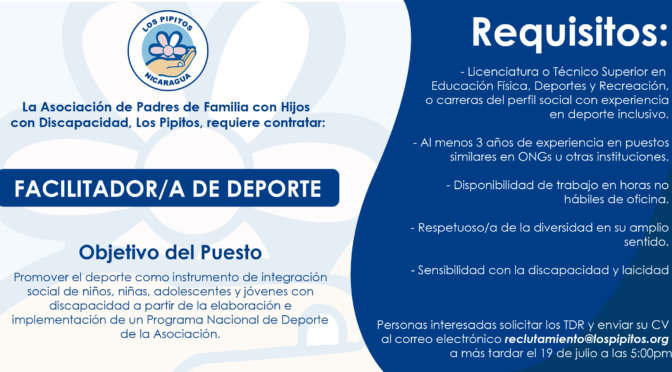 VACANTE: FACILITADOR/A DE DEPORTE